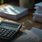 Mesa de escritório com calculadora, documentos fiscais e gráficos de alíquotas — análise comparativa de regimes tributários PIS e COFINS