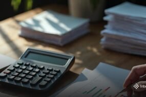 Mesa de escritório com calculadora, documentos fiscais e gráficos de alíquotas — análise comparativa de regimes tributários PIS e COFINS