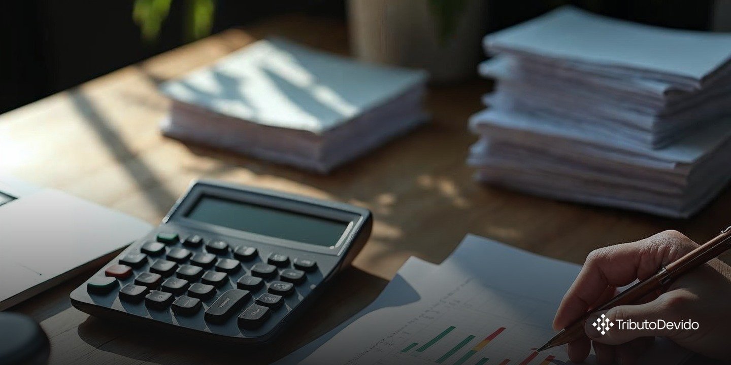 Mesa de escritório com calculadora, documentos fiscais e gráficos de alíquotas — análise comparativa de regimes tributários PIS e COFINS