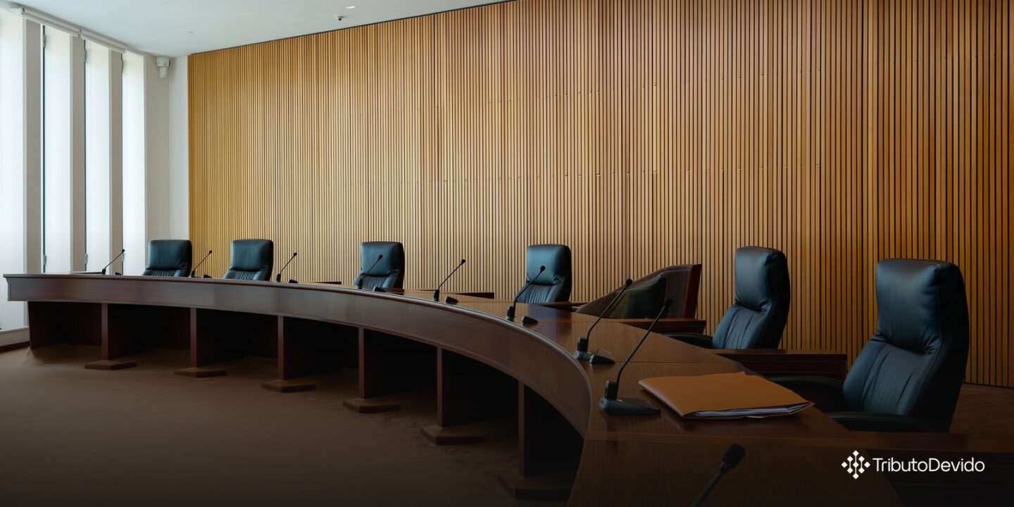 Mesa de julgamento vazia em plenário de tribunal administrativo, com microfones e pastas de documentos, onde o CARF julga teses como a do JCP extemporâneo